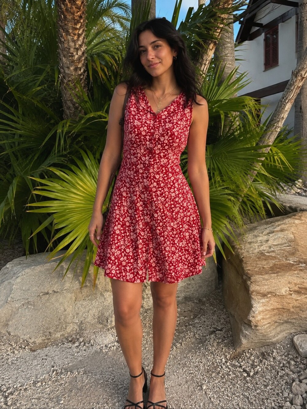 RIHOAS Red Floral Sleeveless Button-Front Mini Dress